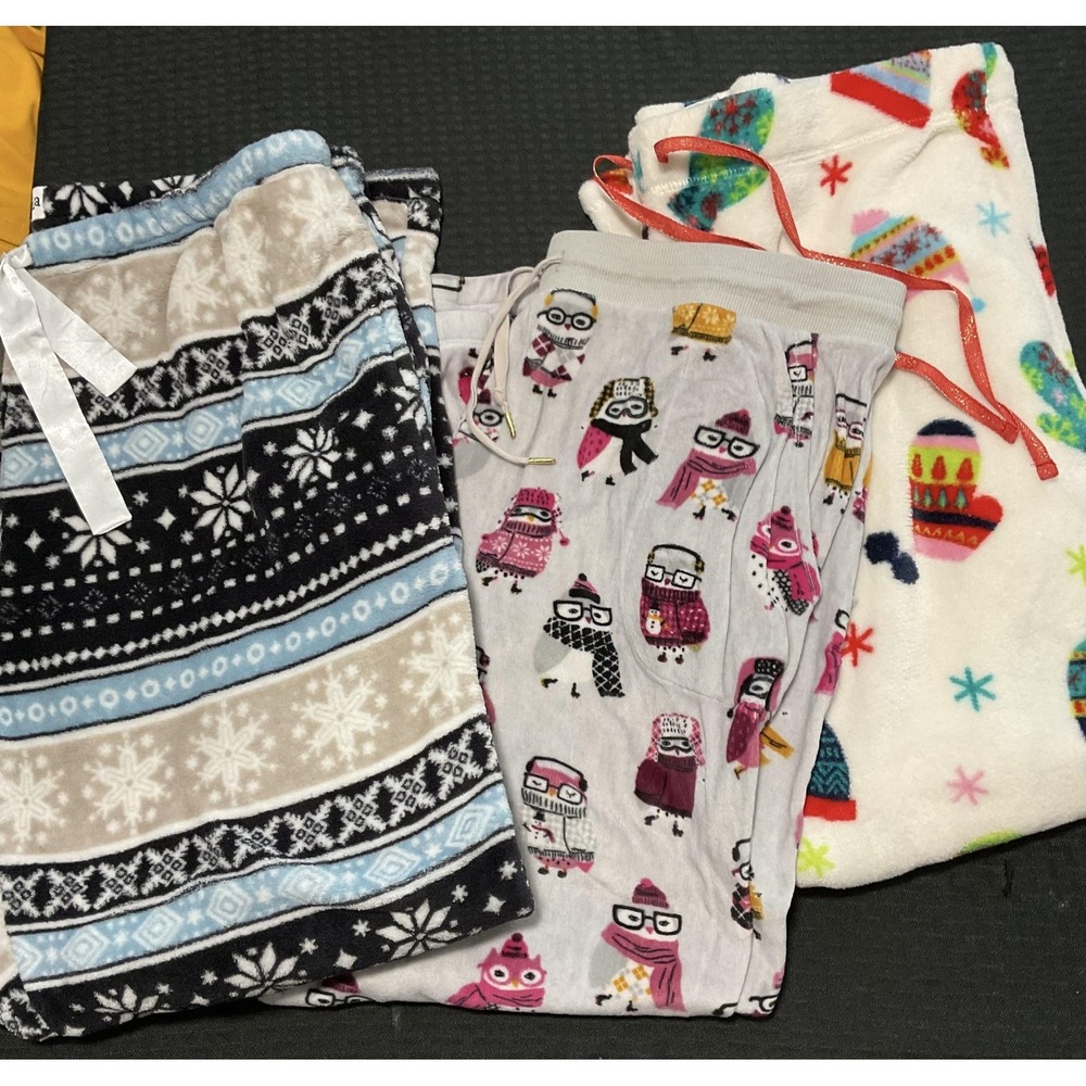 Mixed Brand Pajama Pants Womens XL Winter Gray Owl Print Fleece Sleep lot of 3
